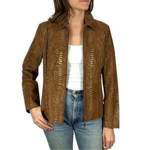 PAMELA MCCOY Y2K BROWN GOLD METALLIC SNAKESKIN FITTED ZIP UP LEATHER JACKET